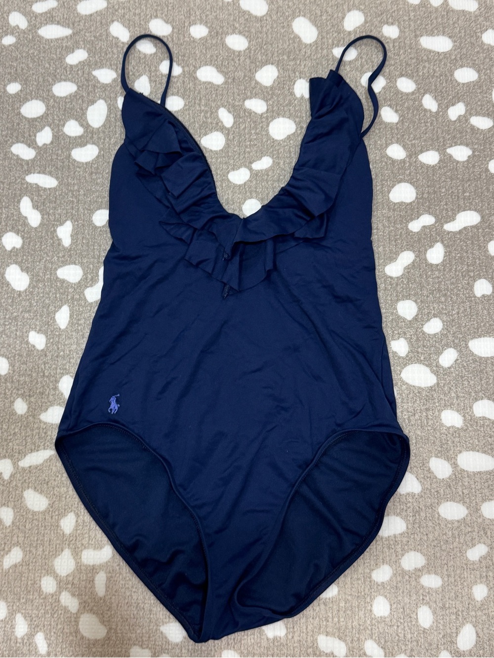 Polo Ralph Lauren double ruffle one-piece swimsuit navy deep V-neck criss cross - Picture 9 of 9